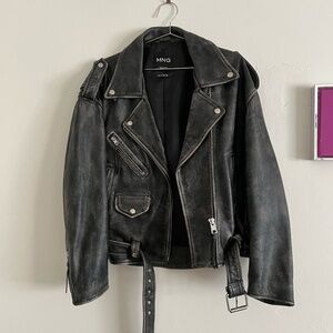Mango Oversized Distressed Leather Motorcycle Jacket